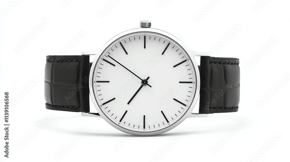 A sleek, minimalist wristwatch featuring a white dial and black leather strap, perfect for any occasion. A sleek, minimalist wristwatch featuring a white dial and black leather strap, perfect for any occasion.