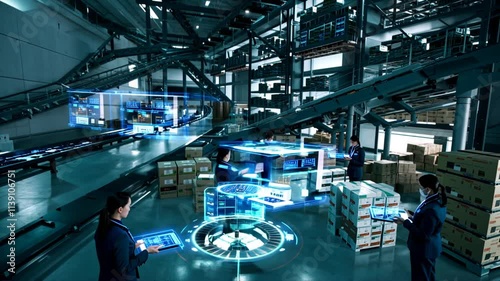 Team working using augmented reality in warehouse