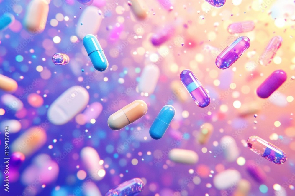 Colorful capsules fall gently: a vibrant medication visual