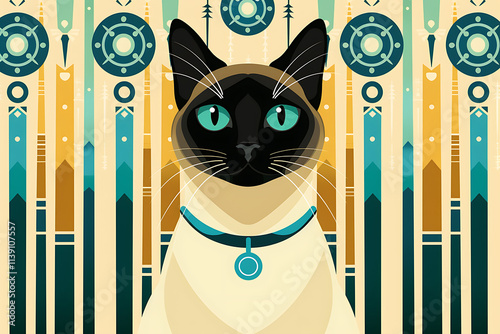 tiffany-inspired cat art, imagine an enchanting scene where a burmese cats mystique meets tiffanys signature style, adorned with a turquoise collar in an art deco setting