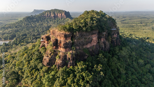 Aerial view of Wat Phu Tok temple a quiet mountain and a place of peace and respect in Bueng Kan province of Thailand. photo