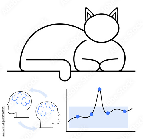 Minimalist cat outline above two interconnected brains and line graph with peaks and points. Ideal for technology, connection, data analysis, mind mapping, animal symbolism, minimalism, creativity