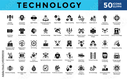 Technology icons set with satellite technology, geospatial technology, light fidelity, augmented reality in education, digital twins, edge computing, swarm intelligence icon. Simple glyph vector 
