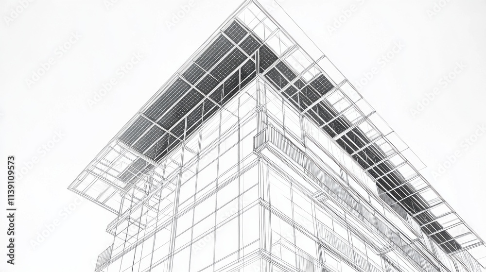 Fototapeta premium Contemporary Architectural Design Illustration Featuring Modern Building Structure with Angular Shapes and Glass Facade Captured in Wireframe Style