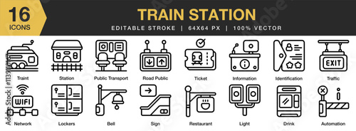 Train Station icon set. Editable Stroke Icon Collection. Includes transportation, station, urban, train, railroad, and More. Outline icons vector collection.