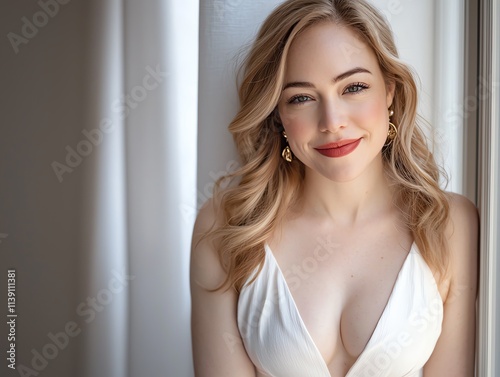 A professional studio portrait of a model with glowing, sun-kissed skin smiling gently, isolated on a clean white background with soft lighting highlighting her natural beauty