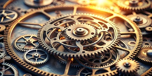 Intricate Golden Gears Intermeshing in Complex Clockwork Mechanism photo