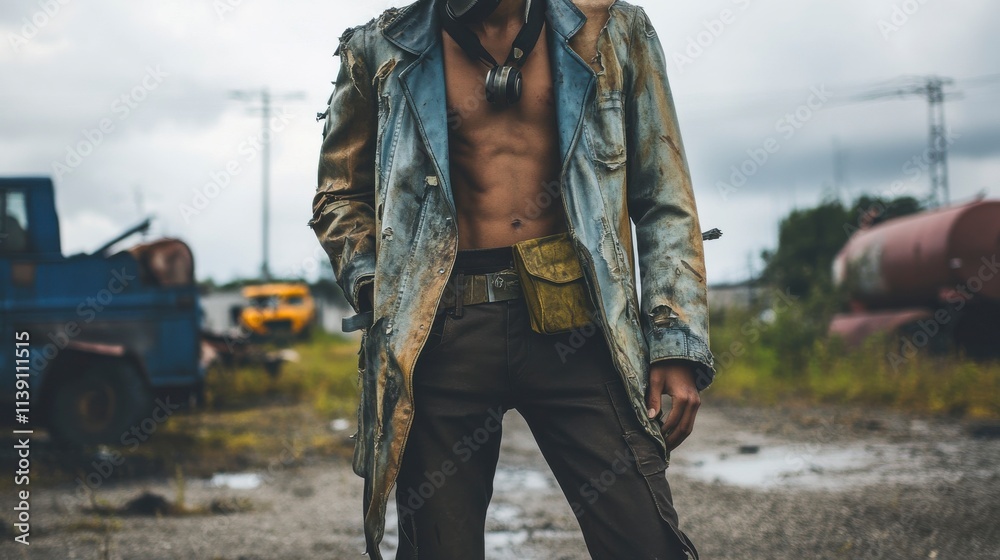 Fototapeta premium Fashionable and Gritty Male Model Posing in Grunge Urban Setting with Abandoned Vehicles in Background, Showcasing A Unique Outfit and Raw Style