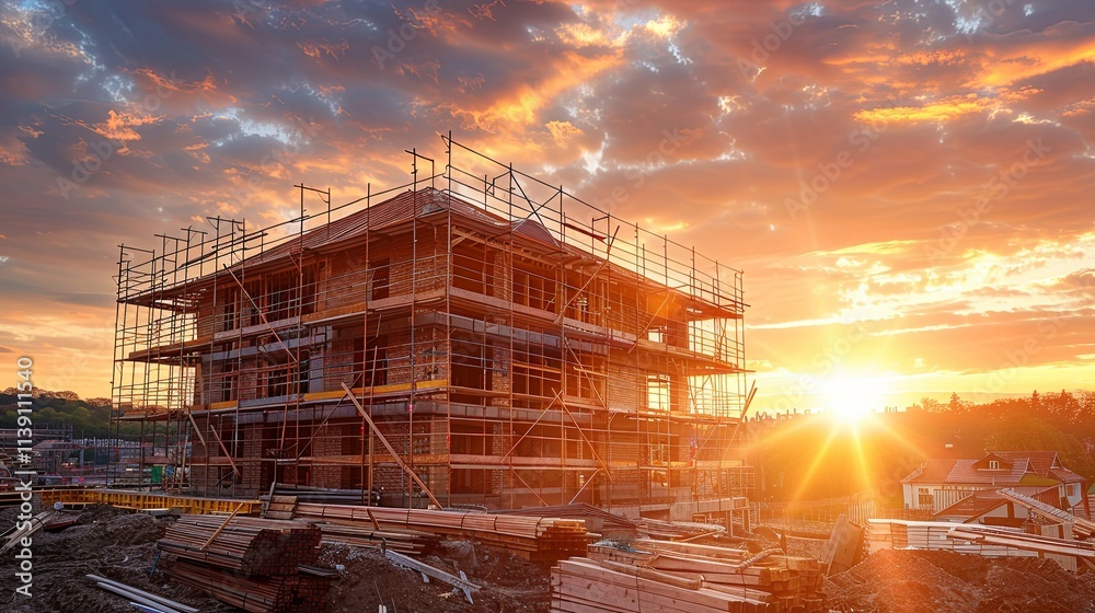 Obraz premium Sunset illuminates a brick building under construction