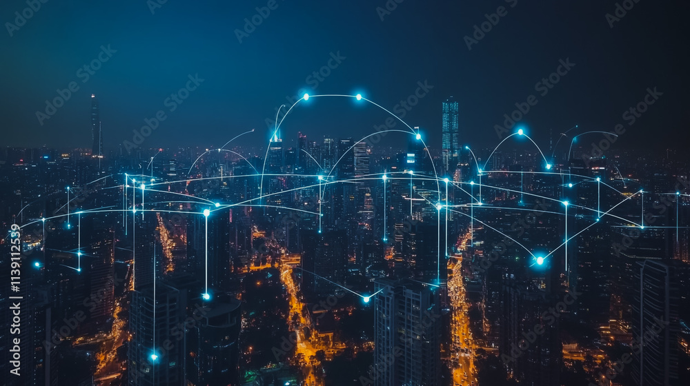 Smart digital Innovation city with connection network reciprocity over the cityscape. of future smart wireless city and social media networking systems that connects business people with in city Smart digital Innovation city with connection network reciprocity over the cityscape. of future smart wireless city and social media networking systems that connects business people with in city