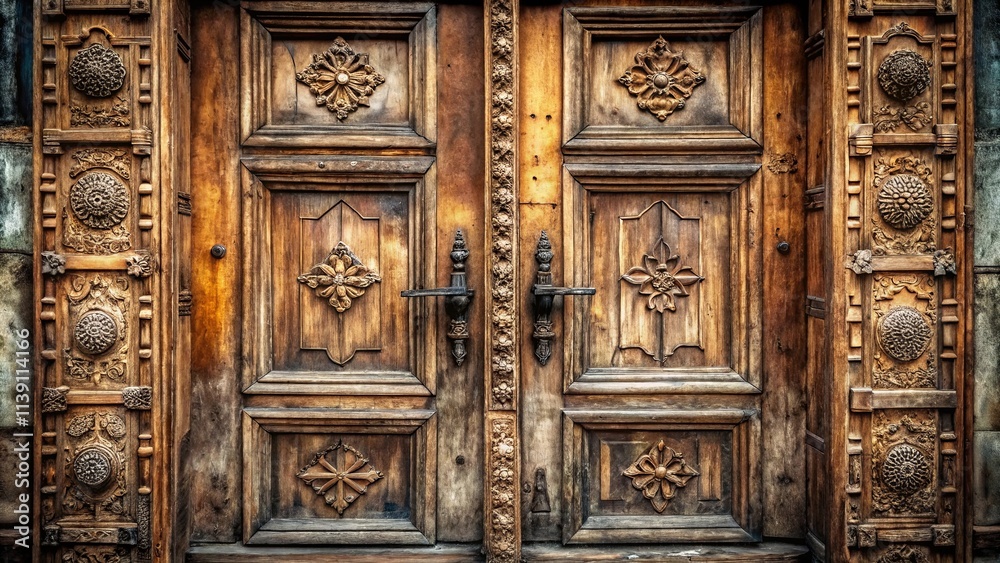 Ornate Wooden Double Doors with Intricate Carvings and Antique Hardware Ornate Wooden Double Doors with Intricate Carvings and Antique Hardware
