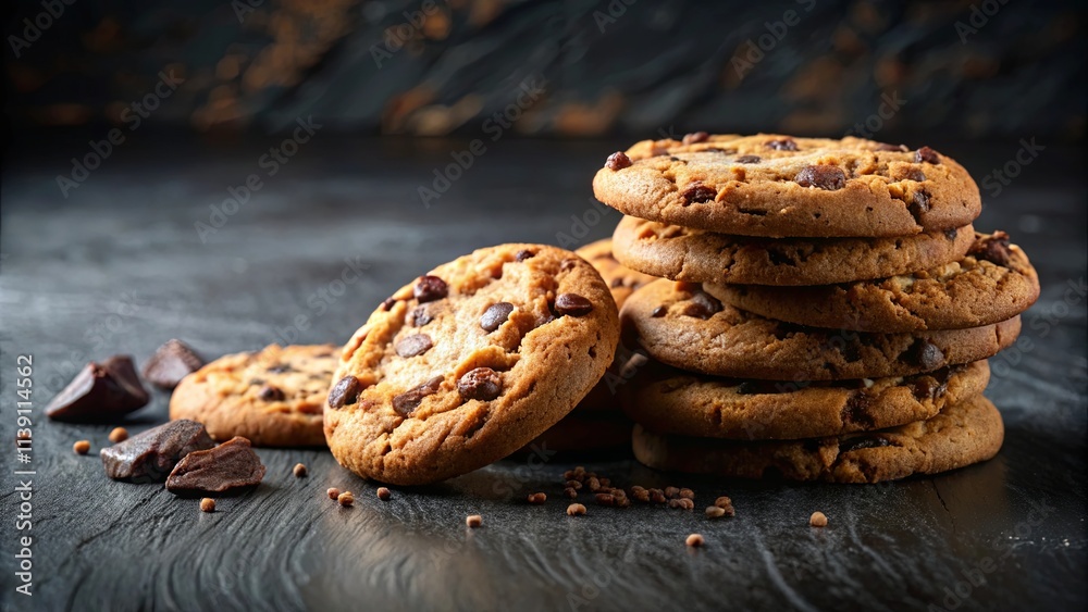 A stack of delicious chocolate chip cookies with extra chocolate pieces on a dark surface A stack of delicious chocolate chip cookies with extra chocolate pieces on a dark surface