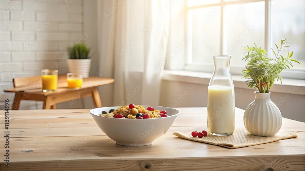 A healthy and delicious breakfast of cereal with berries and milk, enjoyed in a bright and airy kitchen A healthy and delicious breakfast of cereal with berries and milk, enjoyed in a bright and airy kitchen
