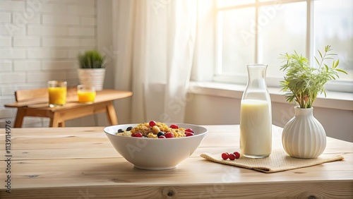 A healthy and delicious breakfast of cereal with berries and milk, enjoyed in a bright and airy kitchen