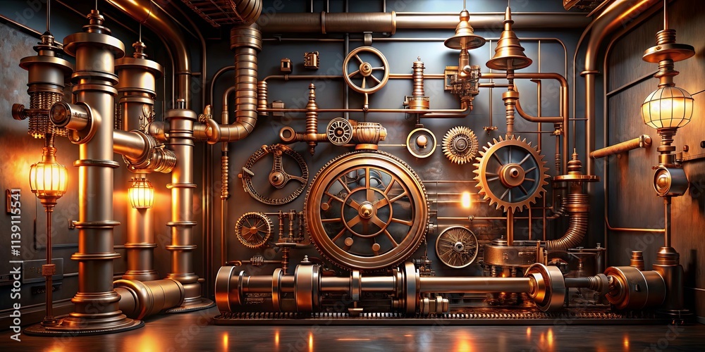 Intricate Steampunk Machinery and Glowing Brass Pipes in a Dark Industrial Setting Intricate Steampunk Machinery and Glowing Brass Pipes in a Dark Industrial Setting