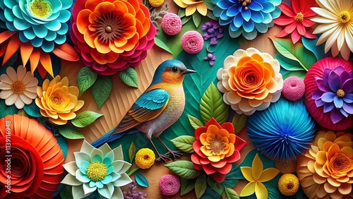 Vibrant Paper Flowers and a Colorful Bird in a Detailed Artistic Composition photo