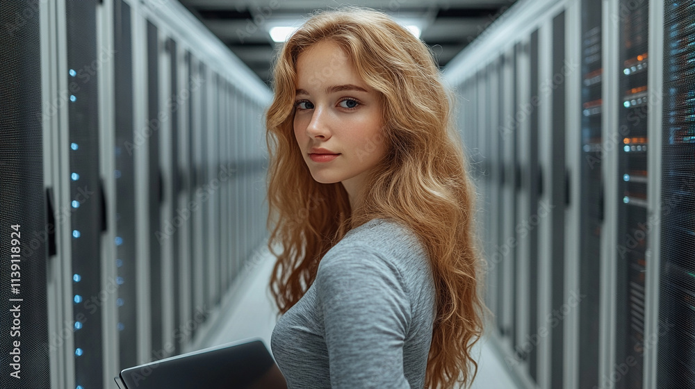 female IT engineer walks through a data center, using a laptop for cloud computing maintenance and monitoring. The background features a blurred, bright, metallic light tone symbolizing technological female IT engineer walks through a data center, using a laptop for cloud computing maintenance and monitoring. The background features a blurred, bright, metallic light tone symbolizing technological