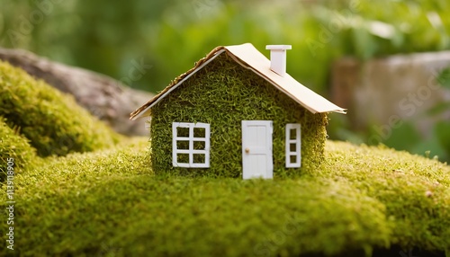 Eco model of house as symbol on sunny forest background