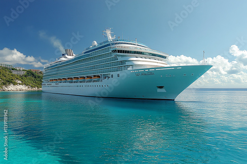 Serene Tropical Harbor Welcomes a Majestic Cruise Ship, Radiating Character and Luxury Beneath a Brilliant Sunny Sky