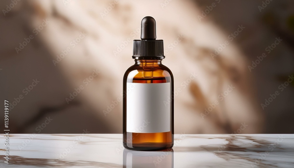 Amber glass bottle with a dropper, blank label. Product mockup.