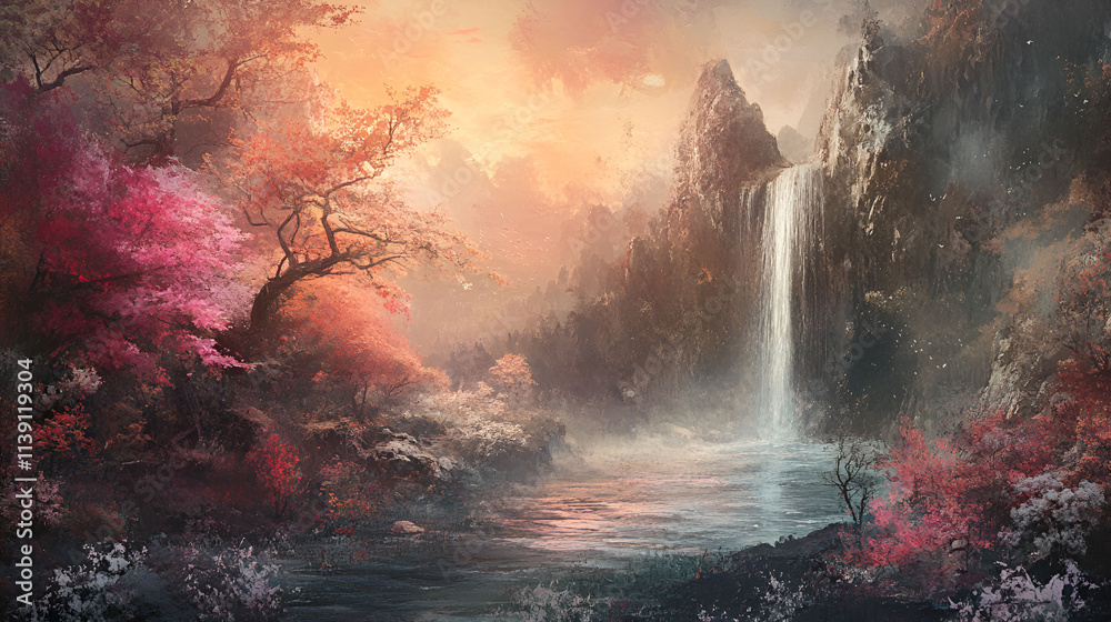 Autumnal Waterfall Scene in a Mystical Mountain Valley Autumnal Waterfall Scene in a Mystical Mountain Valley