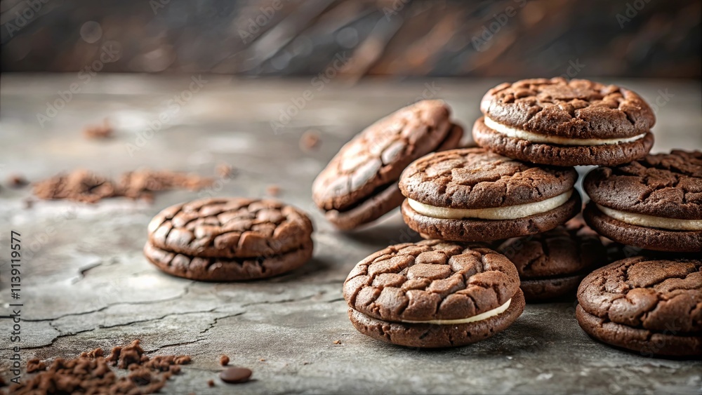 A delectable stack of chocolate sandwich cookies with creamy filling, resting on a rustic surface, sprinkled with cocoa powder A delectable stack of chocolate sandwich cookies with creamy filling, resting on a rustic surface, sprinkled with cocoa powder