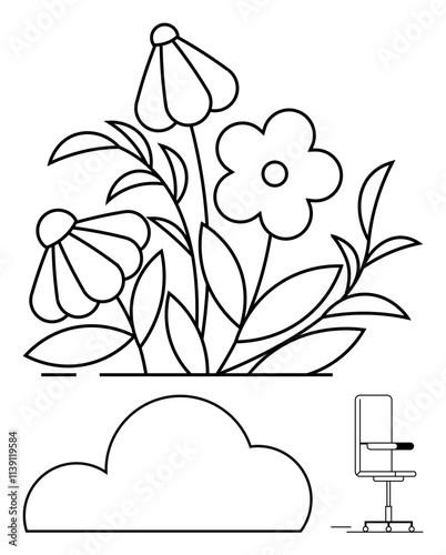 Abstract flowers with leaves and stems, cloud shape, office chair on swivel base. Ideal for nature-modern contrast, office garden, hybrid workspace, relaxation promo, interior decor, landscaping