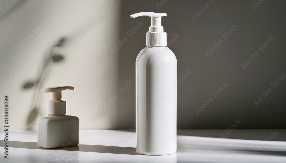 Minimalist aesthetic: Two white pump bottles, one taller than the other, bathed in soft light. Minimalist aesthetic: Two white pump bottles, one taller than the other, bathed in soft light.