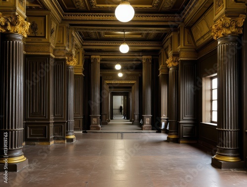 Exploring Classic Architecture  A Grand Hallway with Elegant Columns and Soft Lighting