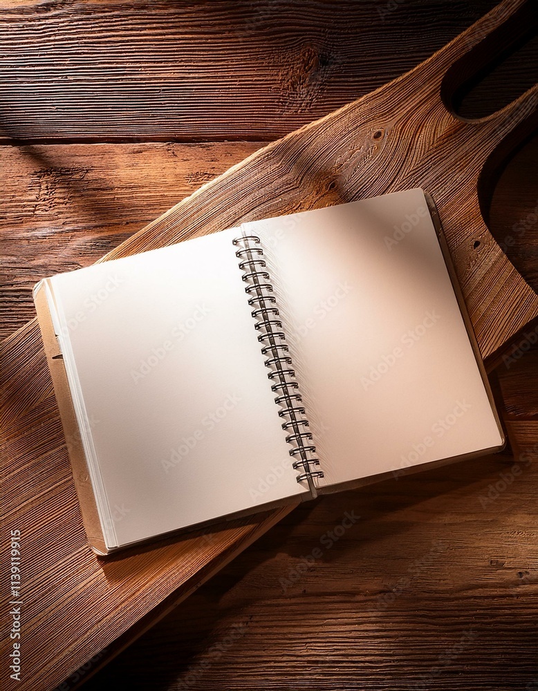 Fototapeta premium Blank spiral notebook on rustic wooden surface. Perfect for your notes.