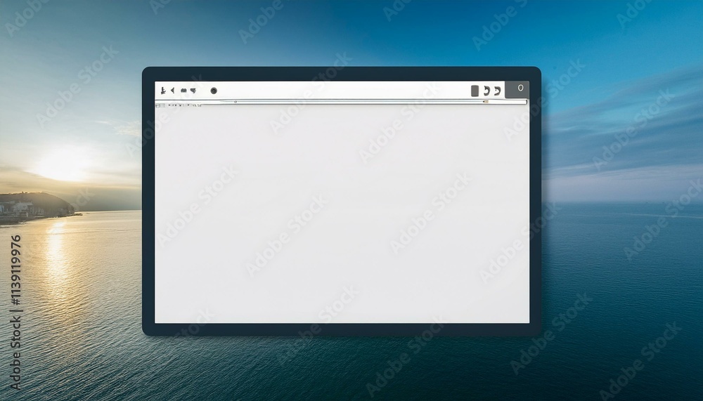 Blank webpage on a tablet against a serene seascape. Blank webpage on a tablet against a serene seascape.