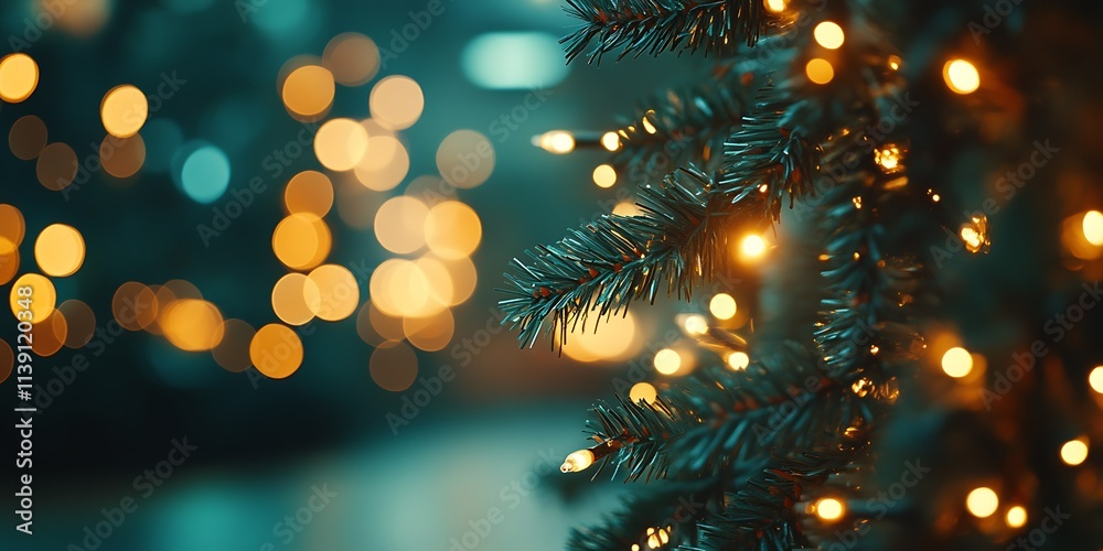 Close-up of illuminated Christmas tree branch with bokeh lights. Close-up of illuminated Christmas tree branch with bokeh lights.