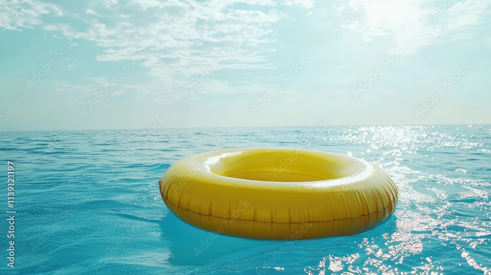 Bright Yellow Floating Ring in Calm Ocean Water Under Blue Sky Bright Yellow Floating Ring in Calm Ocean Water Under Blue Sky