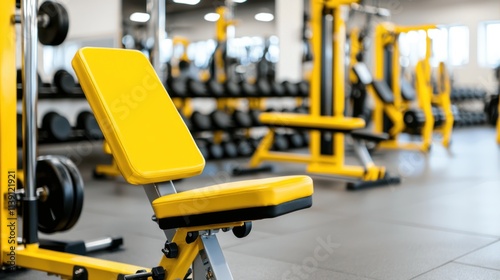 A bright yellow gym bench sits in a fitness center, surrounded by equipment, emphasizing a modern workout space.