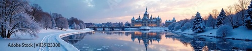 Wallpaper Mural Federal Parliament building reflected in frozen Rideau Canal, winter wonderland scene, snow-covered trees Torontodigital.ca