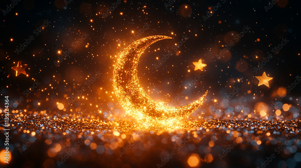 crescent moon and star shine brightly on a sparkling glitter background with a soft bokeh effect symbolizing guidance dreams spirituality hope elegance light and celestial wonder in silver and gold to crescent moon and star shine brightly on a sparkling glitter background with a soft bokeh effect symbolizing guidance dreams spirituality hope elegance light and celestial wonder in silver and gold to