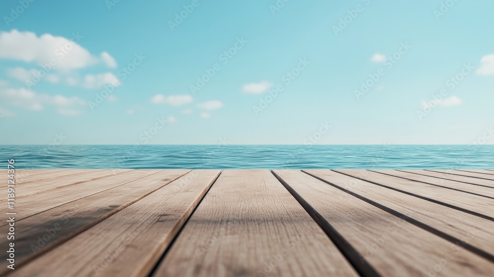 Tranquil Wooden Deck Overlooking Calm Sea and Blue Sky
