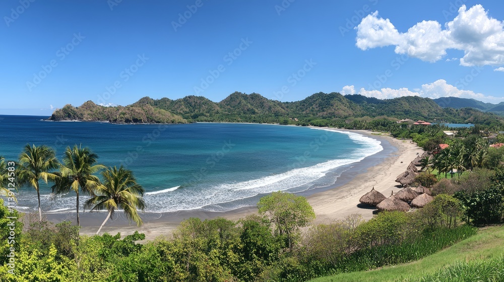 Scenic Tropical Beach with Clear Blue Water and Lush Green Mountains Scenic Tropical Beach with Clear Blue Water and Lush Green Mountains