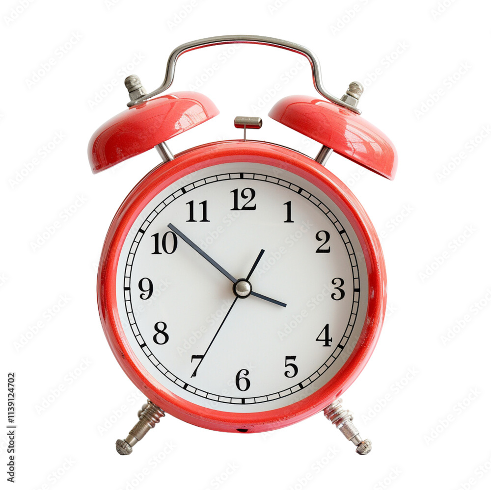 Red Alarm Clock Showing Specific Time Against White Background Red Alarm Clock Showing Specific Time Against White Background