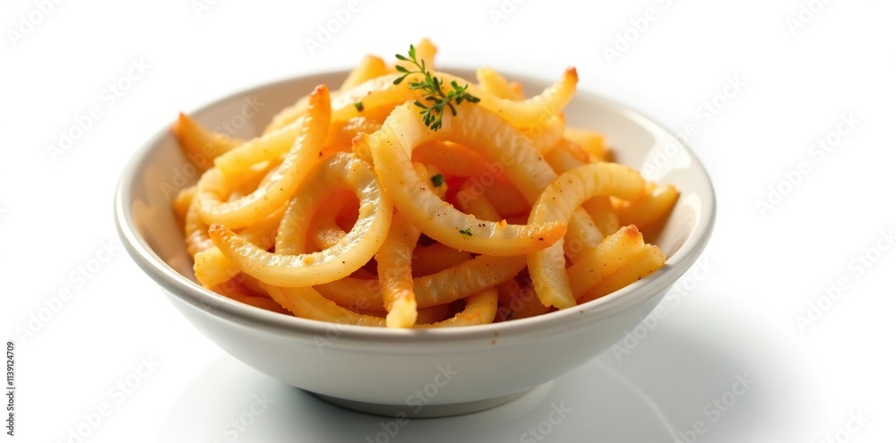 Crispy fried onions in a small bowl isolated on white background, crispy onions, cumin Crispy fried onions in a small bowl isolated on white background, crispy onions, cumin