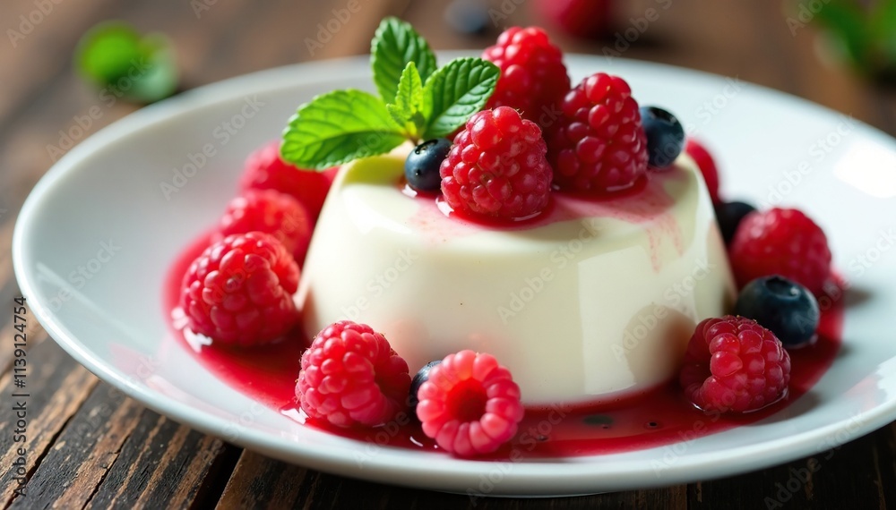 Creamy white dessert topped with fresh berries and mint leaves, fresh mint, raspberries, panna cotta Creamy white dessert topped with fresh berries and mint leaves, fresh mint, raspberries, panna cotta