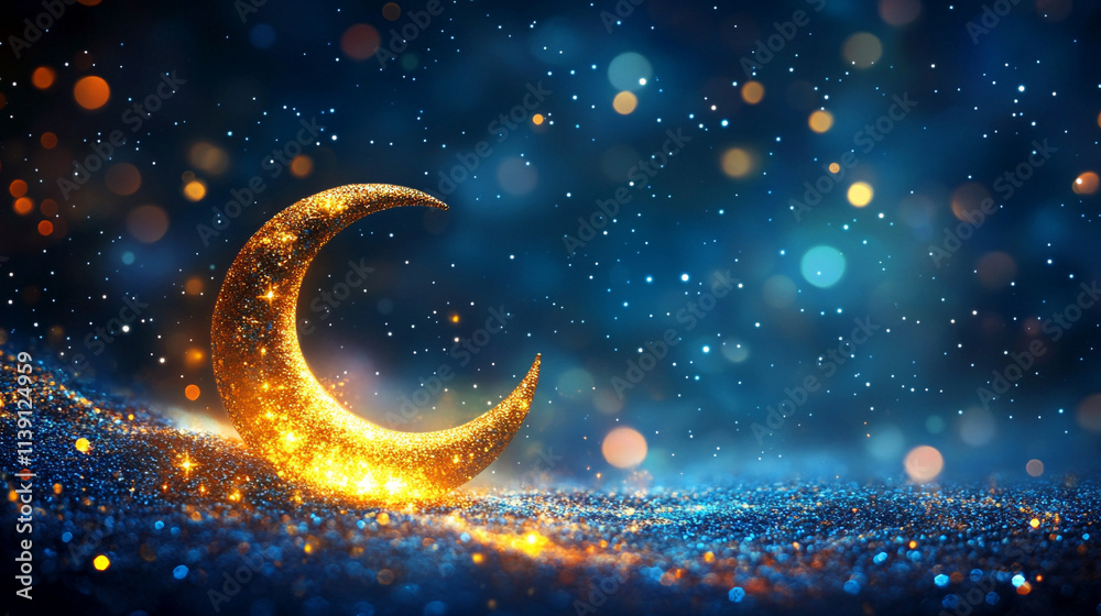 crescent moon and star shine brightly on a sparkling glitter background with a soft bokeh effect symbolizing guidance dreams spirituality hope elegance light and celestial wonder in silver and gold to crescent moon and star shine brightly on a sparkling glitter background with a soft bokeh effect symbolizing guidance dreams spirituality hope elegance light and celestial wonder in silver and gold to