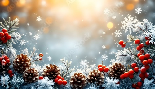 snowflakes, blank, space, freeform, bordered, pinecones, holly, berries, red, icy, branches, winter, glow, background, seasonal, festive, holiday, Christmas, cold, nature, decorative, frosty, elegant,