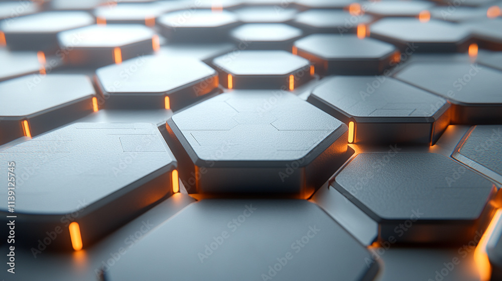 Obraz premium Futuristic 3D illustration of a polygonal network symbolizing cloud computing, blockchain, and digital currency. Interconnected nodes glow brightly on a silver, gold, and white abstract tech backgroun