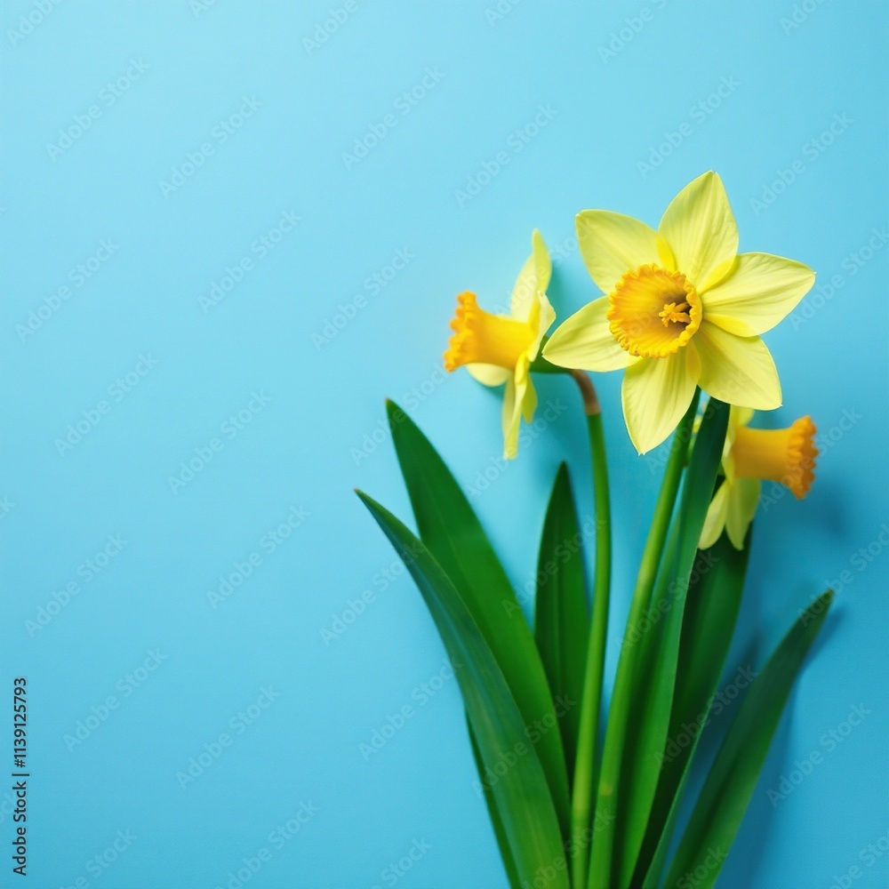Fototapeta premium Blue background with lush green stems and narcissus, lush, stems