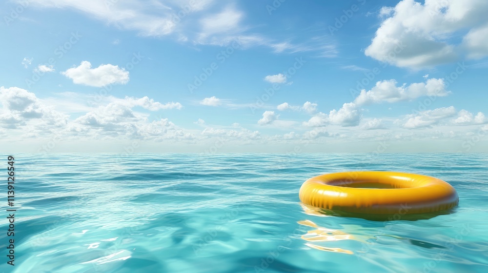 Bright Yellow Lifebuoy Floating on Calm Blue Ocean Surface Bright Yellow Lifebuoy Floating on Calm Blue Ocean Surface
