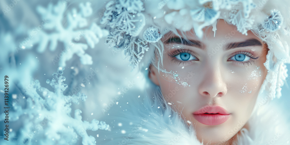 Portrait of snow queen with ice crown and snowflakes on face looking at viewer during snowfall Portrait of snow queen with ice crown and snowflakes on face looking at viewer during snowfall