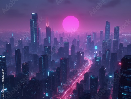 Wallpaper Mural A Stunning Neon Cityscape at Dusk with a Vibrant Pink Sunset Over Skyscrapers Torontodigital.ca