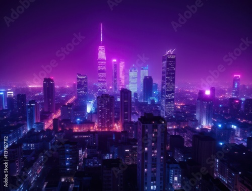 Vibrant Cityscape at Night with Neon Lights and Luminous Skyscrapers Under a Purple Sky photo