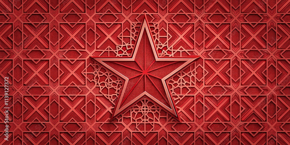 Naklejka premium Red Five-Pointed Star on Intricate Geometric Pattern Background